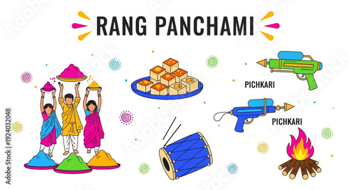 Vibrant Rang Panchami celebration with colorful powders and traditional sweets