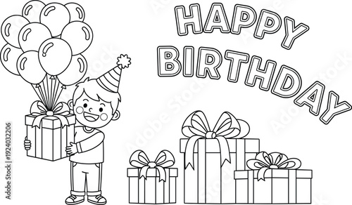 Happy Birthday Coloring Page Vector, Cute Boy With Balloons And Gift Boxes Outline Illustration, vector 