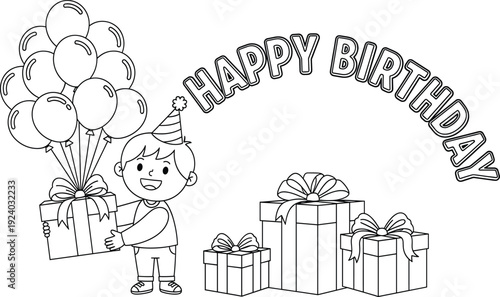 Happy Birthday party coloring page, cute kid with balloons and gift boxes, outline cartoon illustration, vector illustration
