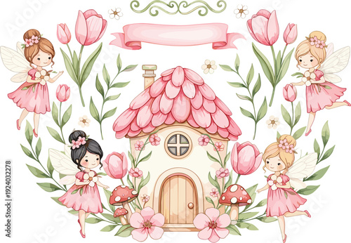 Whimsical fairy tale house vector collection featuring mushroom cottages, enchanted forest dwellings, and magical garden elements for nursery wall art and invitations.
