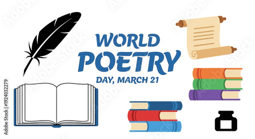 World Poetry Day celebration with books and quill on March 21