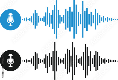 Microphone And Audio Waveform Vector, Podcast Recording And Sound Signal Icon Set, vector 
