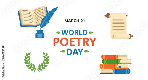 World Poetry Day illustration with books and quill on March 21
