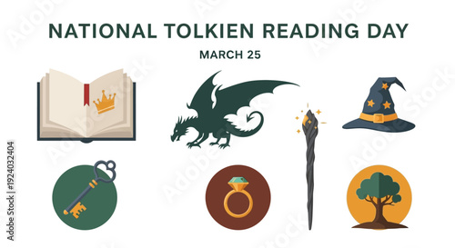 National Tolkien Reading Day icons for March 25 literary celebration