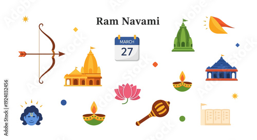 Vibrant Ram Navami celebration elements with temple icons and symbols