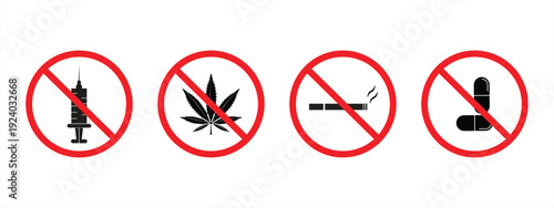 Set of red no drugs vector icons. Stop narcotic. Prohibit marijuana, tobacco, pill.
