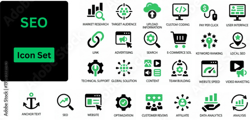 Silhouette vector of SEO icon set. Icons of . Solid icons set.