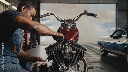 African American man fixing vintage motorcycle at drag strip garage