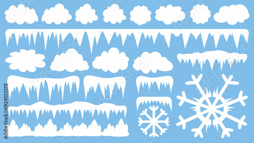 Collection of winter elements snowflakes icicles and snowdrifts