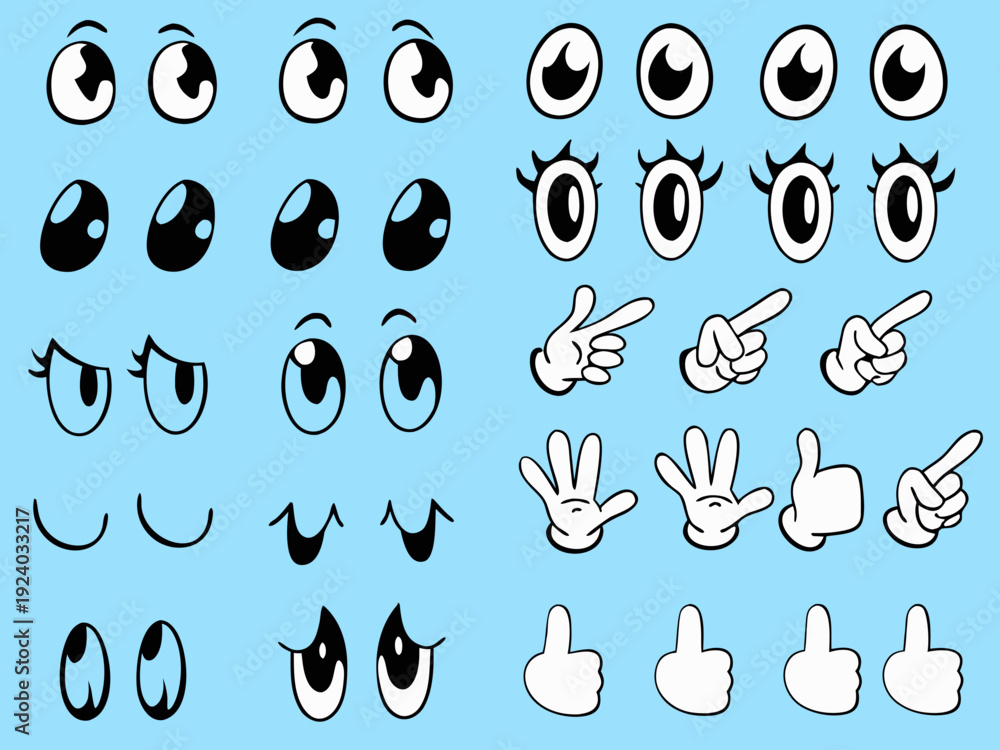 Fototapeta premium Collection of cartoon eyes hands and facial expression elements
