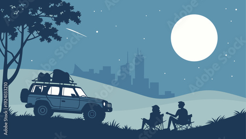 Couple camping under the moonlight night