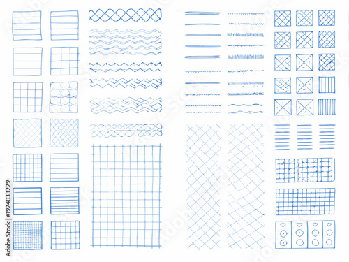 Collection of hand drawn blue line patterns and geometric shapes on white