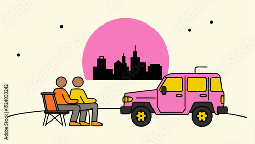 People watching city with pink car near