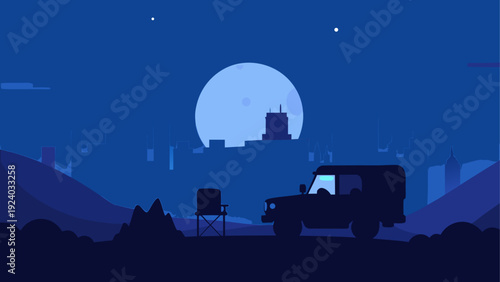 Silhouette car and chair under moonlight