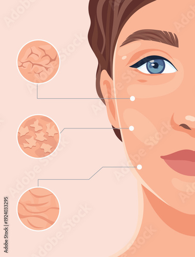 Vector illustration of skin problems dryness, peeling, wrinkles. Woman's face with enlarged details of skin texture problems. For dermatology, cosmetology, skin care, anti-aging materials, educational