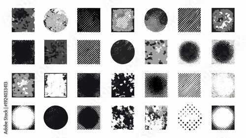 Collection of abstract black white and gray textured square and circle shapes