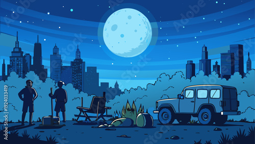 Camping scene under the moonlight night