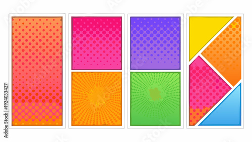 Four rectangular panels displaying vibrant colorful halftone dot patterns