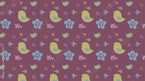 Scandinavian Style Bird and Flower Seamless Pattern, Cute Nordic Folk Art Background
