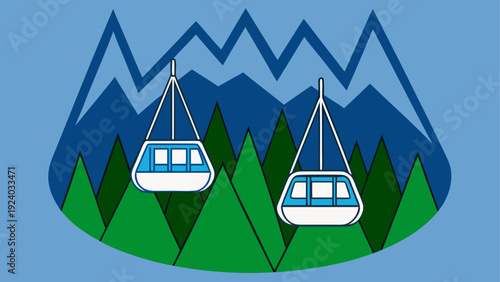 Two gondolas over green trees and mountains