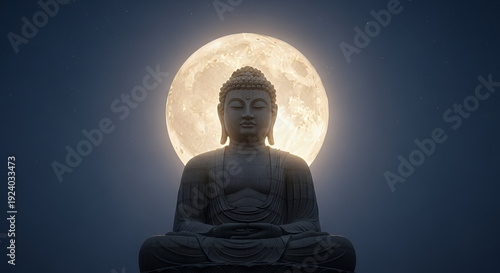 Majestic Buddha Purnima Full Moon ascends over a serene seated Buddha statue, casting a peaceful glow upon the night sky.
