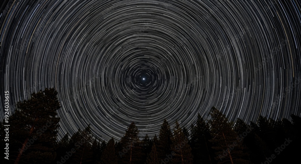 Fototapeta premium Stunning star trails circling Polaris over dark forest silhouette, long-exposure night sky photography capturing Earth's rotation, cosmic cosmic landscape with celestial motion and natural darkness