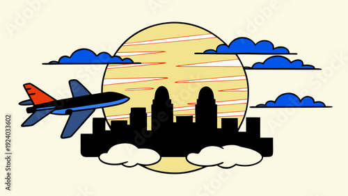 Airplane flying over a city at sunset time