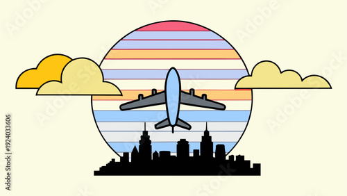 Airplane flying over the city at sunset