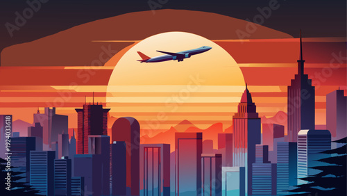 Airplane flying over a city at sunset time