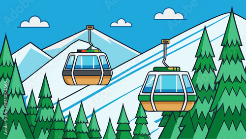 Cable cars over snowy mountains and trees