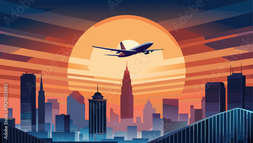 Airplane flying over a city at sunset