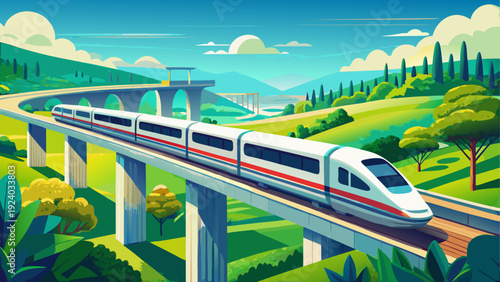 Train crossing bridge in scenic landscape