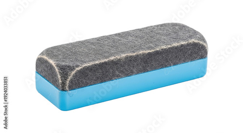 Photo-realistic close-up of a blue and gray whiteboard dry-erase eraser, essential for education and office environments, isolated on a black background.
