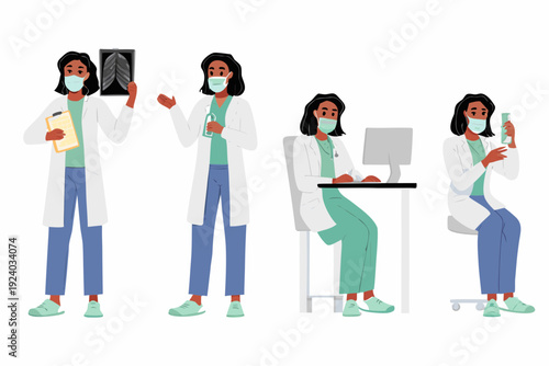 Diverse medical professionals in various work scenarios wearing protective masks