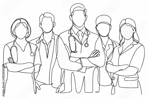 Line art illustration of a diverse group of medical professionals