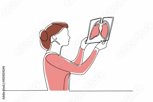 Woman examining an x ray of lungs with a continuous line drawing style
