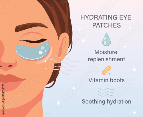 Vector illustration woman with patches under her eyes on her face, moisturizing, enriched with vitamins and minerals. Soft pastel colors. For cosmetics advertising, spa promotions, skin care blogs