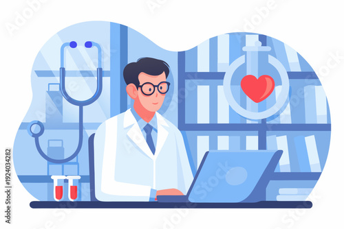 Doctor working on a laptop with medical equipment nearby