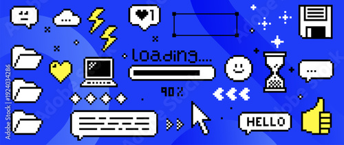 Pixel UI elements set. Retro technology icons, laptop, folders, loading bar, arrows, floppy disk, hourglass on blue background. Y2K 8-bit interface graphics for gaming, nostalgic digital tech design