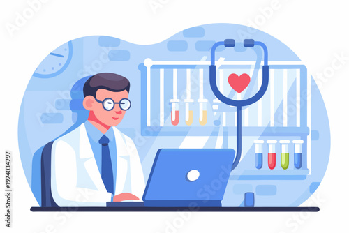 Doctor working on a laptop in a medical laboratory setting