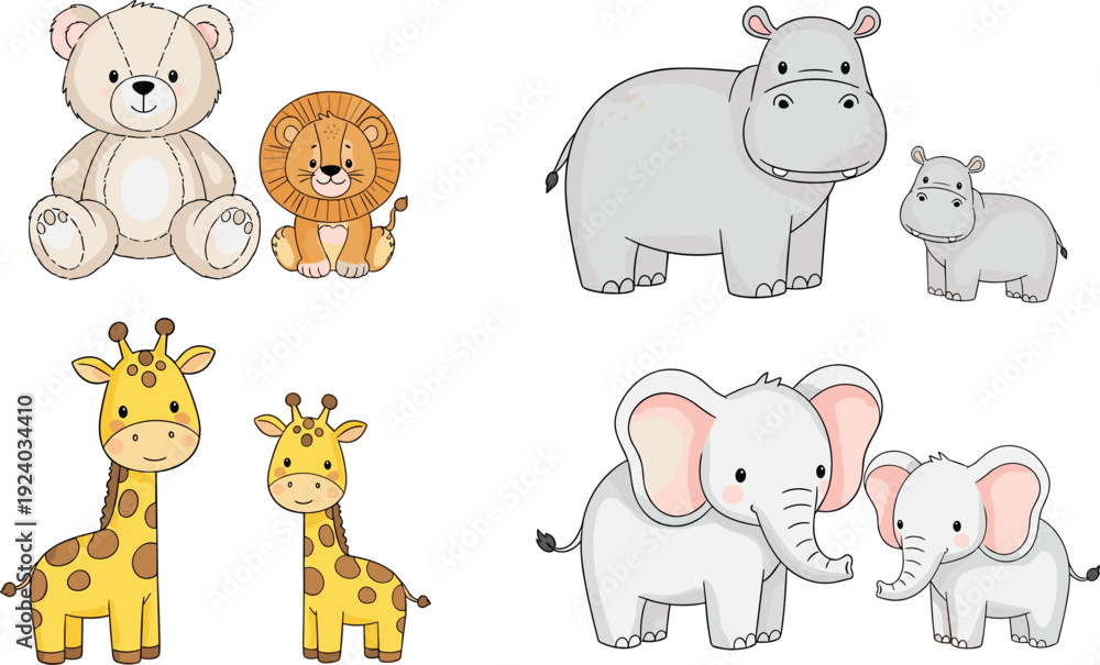 Obraz premium Cute watercolor baby safari animals teddy bear lion hippo giraffe elephant with babies adorable nursery illustration collection