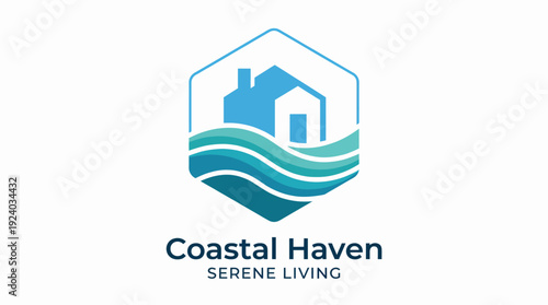 This image captures a sophisticated logo design that symbolizes coastal life, featuring waves and a home, embodying the essence of serene living by the water.