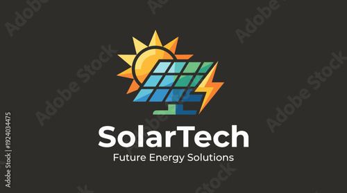 This image illustrates a vibrant solar panel design with the sun and energy symbols, representing renewable energy solutions and sustainability for a better future.