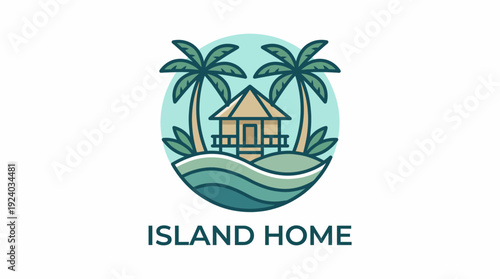 This image features a minimalist design of a cozy island home, nestled among gentle ocean waves and palm trees, conveying simplicity and peaceful living in nature.