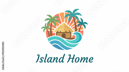 This image captures a serene tropical house surrounded by palm trees and ocean waves, evoking feelings of tranquility and relaxation in an idyllic island setting.