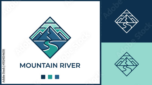 A striking mountain river logo emphasizing natural elements, perfect for outdoor adventures or companies focused on travel and exploration in picturesque landscapes.