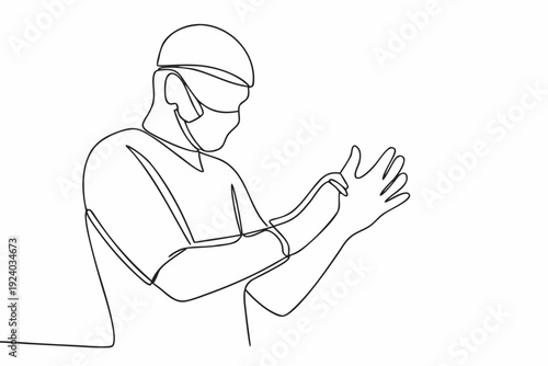 Line drawing of a healthcare worker preparing to put on gloves