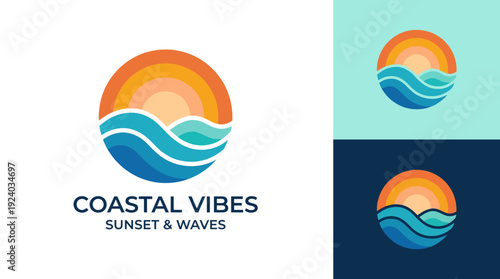 A bright logo featuring a sunset over waves reflects the coastal vibe, perfect for businesses connected to nature, summer activities, or travel.