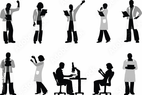 Silhouettes of medical professionals in various poses and work settings