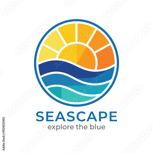 An appealing logo showcasing a seascape with a vibrant sun and flowing waves, encapsulating the essence of exploration, adventure, and the beauty of water bodies.